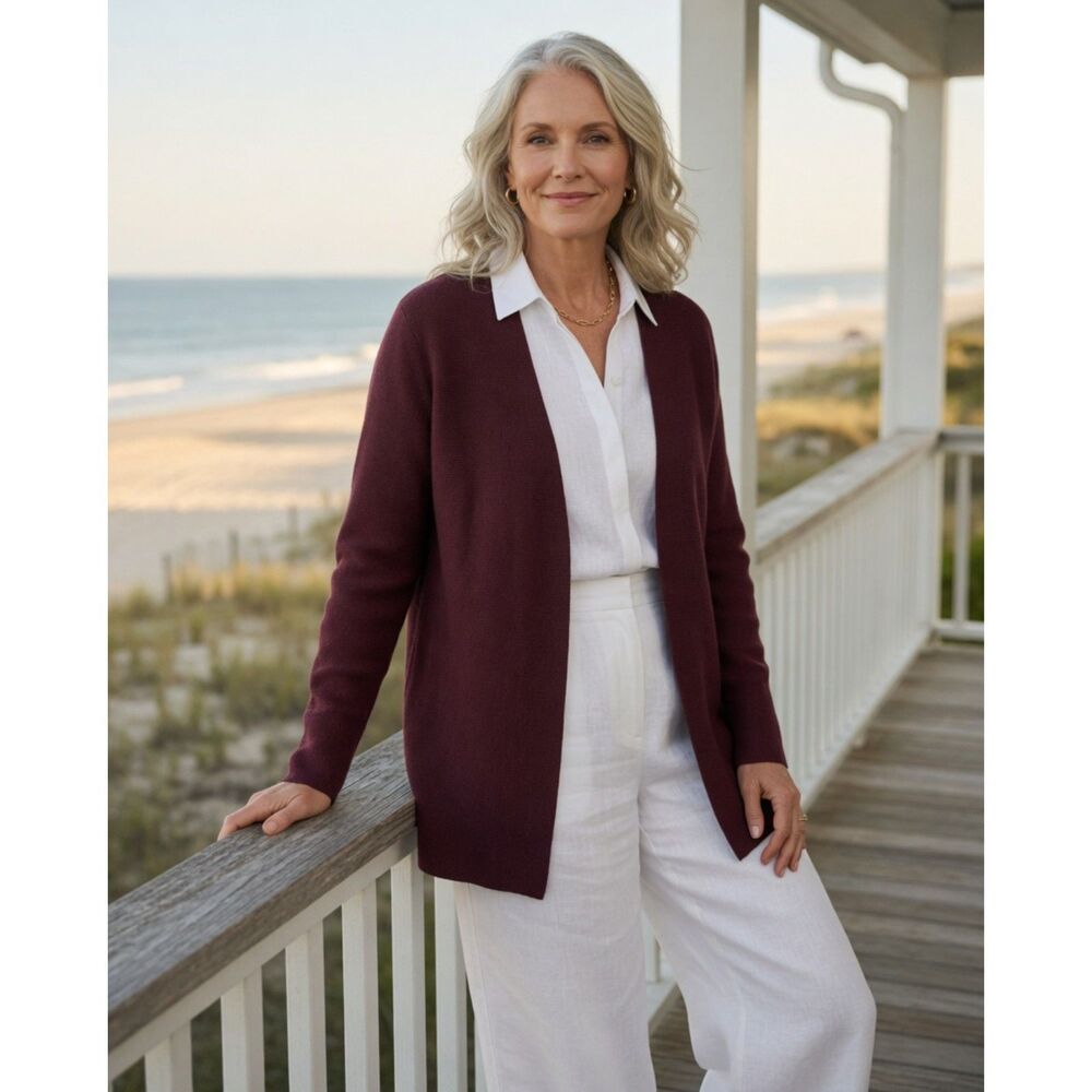 Eileen Fisher Cardigan Sweater Womens S Brown Clove Horizontal Ribbed Open Front